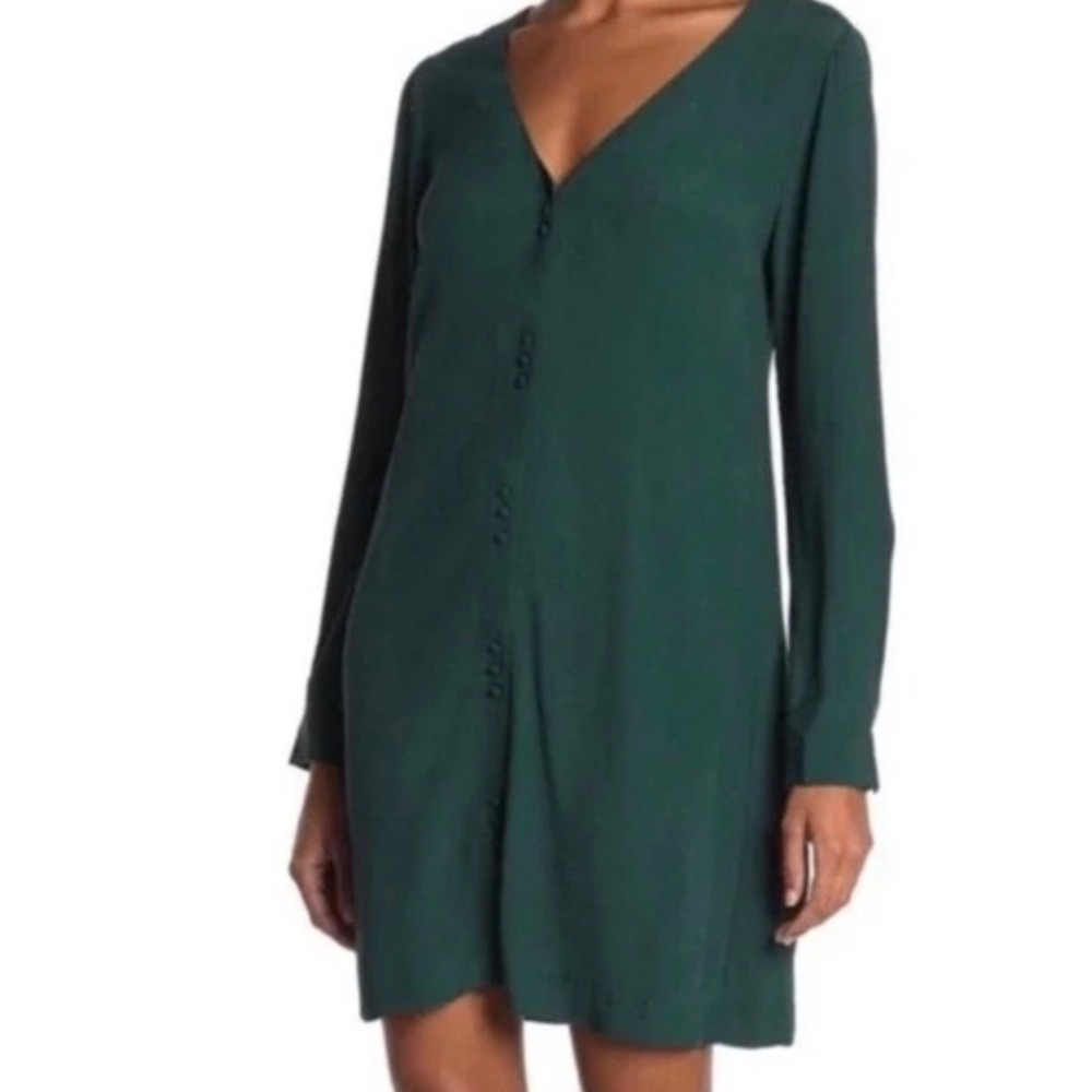 Madewell‎ Womens XS Green Button Front V-Neck Long Sleeve Viscose Mini Dress